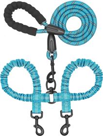 Double Dog Leash with 360 Degree Swivel and Shock Absorbing Bungee for Two Dogs (Color: Blue, size: length)