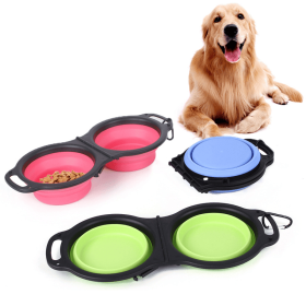 Portable Double Rubber Travel Bowls for Dogs Foldable Food and Water Feeder (Color: Blue)