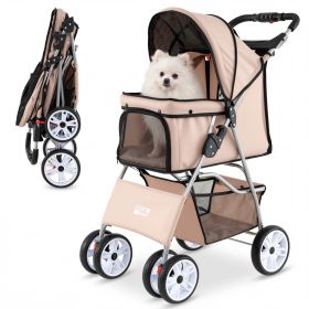 4 Wheel Pet Stroller for Small Dogs up to 33 lb (Color: Beige)