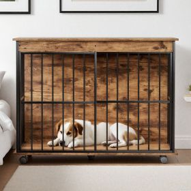 Large Wooden Dog Crate Furniture with Removable Tray for Medium and Large Dogs (Main Color: Walnut+black, Main Material: MDF+Iron)