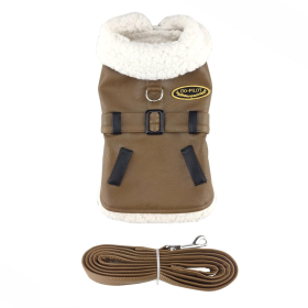 Brown and Black Faux Leather Dog Bomber Coat with Harness and Leash (size: small)