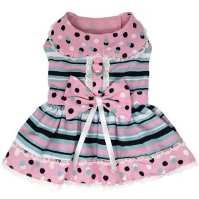 Dots and Stripes Dog Harness Dress (Color: Pink & Teal, size: small)