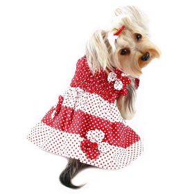 Red and White Polka Dot Dog Sundress with Floral Accents (size: XS)