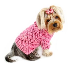 Pink Hand Knitted Dog Sweater with Bobble Stitch and Turtleneck (size: XS)
